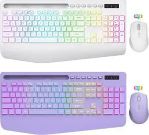 SABLUTE Wireless Keyboard and Mouse Combo, 9 Backlit Effects, Wrist Rest, Phone Holder, 2.4G Lag-Free Ergonomic Keyboards, Rechargeable Silent Cordless Set for Computer, Laptop (Purple & White)