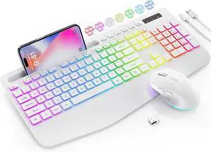 Wireless Keyboard and Mouse Combo, 9 Backlit Effects, Wrist Rest, Phone Holder, 2.4G Lag-Free Ergonomic Keyboards, Rechargeable Silent Cordless Set for Computer, Laptop, Mac, Windows -SABLUTEWhite