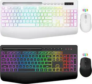 SABLUTE Wireless Keyboard and Mouse Combo, 9 Backlit Effects, Wrist Rest, Phone Holder, 2.4G Lag-Free Ergonomic Keyboards, Rechargeable Silent Cordless Set for Computer, Laptop (White & Black)