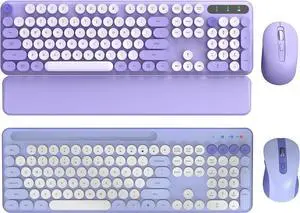 Purple Colorful Wireless Keyboard and Mouse Combo 2 PCS, Cute Round Keycaps, Full-Size Retro Typewriter Keyboard with Detachable Wrist Rest or Phone/Tablet Holder, for Computer/Laptop/Windows/Mac