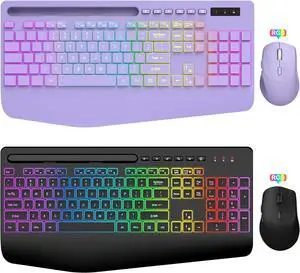 SABLUTE Wireless Keyboard and Mouse Combo, 9 Backlit Effects, Wrist Rest, Phone Holder, 2.4G Lag-Free Ergonomic Keyboards, Rechargeable Silent Cordless Set for Computer, Laptop (Purple & Black)