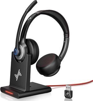 Wireless Headset with AI Noise Cancelling Microphone Bluetooth Headset - Bluetooth V5.2 Headphones with USB Dongle Charging Base & Mic Mute for Computer/Laptop/PC/iPhone/Android/Cell Phones