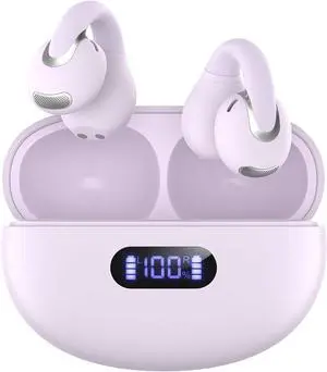 Open Ear Clip Wireless Earbuds Bluetooth 5.4, Lightweight Comfort Sports Bone Conduction Headphones Built-in Mic for Clear Audio, Stable Fit Earphones 24H Play-Purple