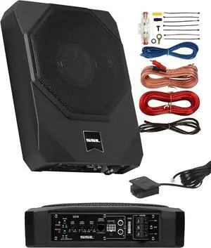 Laboratories US10K 10 Inch Powered Under Seat Car Subwoofer - 1000 Watts Max, Dual 4 Ohm Voice Coil, 8 Gauge Amp Installation Kit