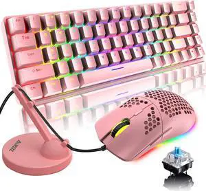 LexonElec 60% Mechanical Gaming Keyboard and Mouse Combo with Mouse Bungee Mouse Pad,Mini 68 Keys Wired Type C 18 Backlit Effects,Lightweight RGB 6400DPI Honeycomb Mice(Pink/Blue Switch)
