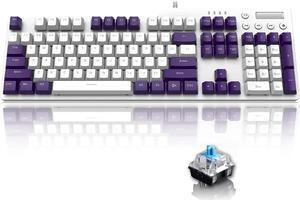 Mechanical Gaming Keyboard Hot Swappable with Multi Monochromatic Backlight 104Key Anti-ghosting Ergonomic Metal Plate Multimedia Key USB Wired for PC Mac Gamer Office Typist(Purple White/Blue Switch)