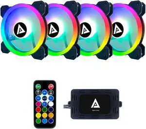 Apevia TL4-RGB Twilight 120mm Silent Dual-Ring RGB Color Changing LED Fan for Gaming with Remote Control, 28x LEDs & 8X Anti-Vibration Rubber Pads (4-pk)