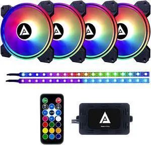 Apevia ET42-RGB Electro 120mm Silent RGB Color Changing LED Fan with Remote Control, 28x LEDs & 8X Anti-Vibration Rubber Pads w/ 2 Magnetic LED Strips (4+2-pk)