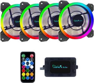 Apevia ST4-RGB Spectra 120mm Silent Dual Ring Addressable RGB Color Changing LED Fan for Gaming with Remote Control, 16x LEDs & 8X Anti-Vibration Rubber Pads (4-pk)