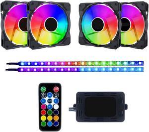 Apevia FB4P2-RGB Frostblade 120mm Silent Addressable RGB Color Changing LED Fan with Remote Control, 16x LEDs & 8X Anti-Vibration Rubber Pads w/ 2 Magnetic Addressable LED Strips (4+2-pk)