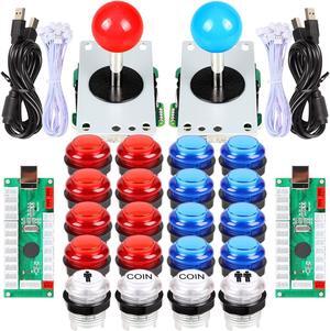 Fosiya 2 Player LED Arcade Joystick and Buttons Kit for Arcade PC Game Controller Mame Raspberry Pi Retro Controller (Red & Blue Kit)