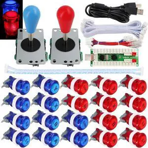 2 Player Arcade Game Stick DIY Kit Buttons with Logo LED 8 Way Joystick USB Encoder Cable Controller for PC MAME Raspberry Pi Red Blue