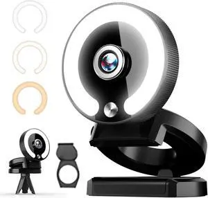 ZWNAV Webcam with Ring Light, Computer Camera with Microphone, Wide Angle, USB Connection, Face Camera for Video Conferencing, 1080P Streaming Camera for PC Windows Desktop Laptop MAC