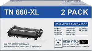 Compatible Replacement for Brother TN 660-XL Toner Cartridge. Works with DCP-L2500D, DCP-L2520DW, DCP-L2540DN, DCP-L2540DW, DCP-L2560DW Printers. 2 Pack (Black)