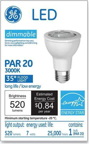GE LED PAR20 Dimmable Warm White Flood Light Bulb, 3000K, 7 W 93348