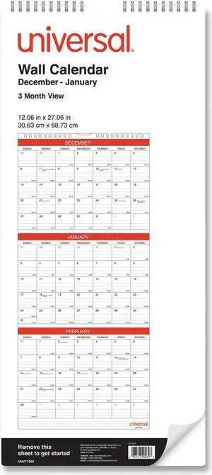 Universal Three-Month Wall Calendar White/Black/Red 12 x 27 2021 71003