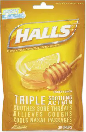 Halls Triple Action Cough Drops Honey-Lemon 30/Bag 28694