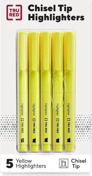 TRU RED Pocket Highlighter with Grip Chisel Tip Yellow 5/Pack TR54578