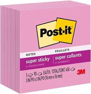 Post-it Super Sticky Notes 3" x 3" Neon Pink 90 Sheets/Pad 108638