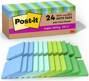Post-it Recycled Super Sticky Notes 3" x 3" Oasis Collection 70 Sheet/Pad 24 Pads/Pack (654R-24SST-CP) 654R24SSTCP