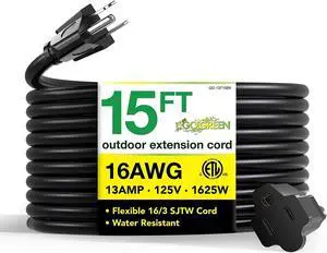 Go Green Power 15' Indoor/Outdoor Extension Cord 16 AWG Black (GG-13715BK) Go Green Power 15' Indoor/Outdoor Extension Cord 16 AWG Black (GG-13715BK)