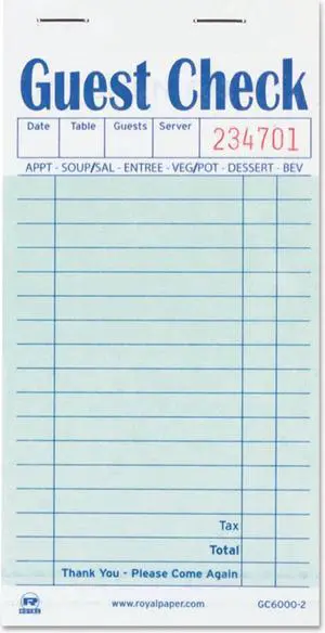 Royal Guest Check Book Carbon Duplicate 3 1/2 x 6 7/10 50/Book 50 Books/Carton GC60002