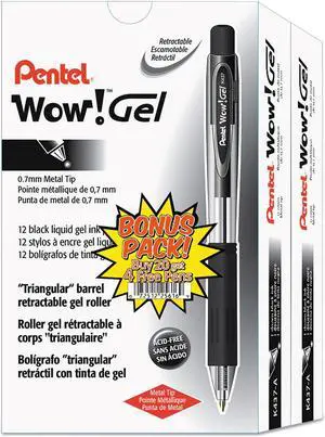 Pentel WOW! Retractable Gel Pen .7mm Translucent Barrel Black Ink 24/Pack K437ASW2
