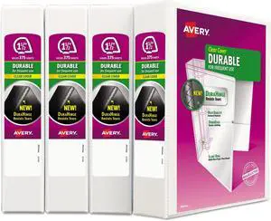 Avery Durable View Binder with DuraHinge and Slant Rings 1 1/2" White 4/Pack 17576