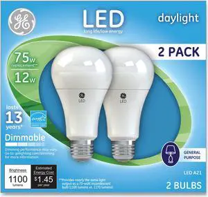GE LED Daylight A21 Dimmable Light Bulb, 12 W, 2/Pack 66117