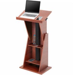 VIVO Pneumatic Height Adjustable Podium, Lectern with 24 inch Platform and Storage Shelves, Dark Walnut, STAND-PDMH