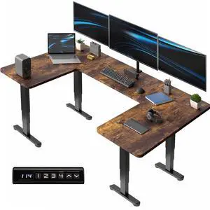 VIVO Vintage Brown U-Shaped 83" x 60" Height Adjustable 4-Leg Electric Standing Desk, (DESK-E4UBN)