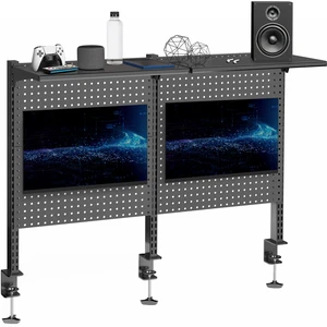 VIVO Black Steel Clamp-on 47" Pegboard with Monitor Mounts & Overhead Shelf VIVO Black Steel Clamp-on 47" Pegboard with Monitor Mounts & Overhead Shelf