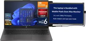 HP 255 G10 Business Laptop 15.6" IPS FHD Display (AMD Ryzen 7 7730U, 16GB DDR4, 512GB SSD, WiFi 6, HD Webcam, Bluetooth 5.3, Win 11 Pro) w/Duex Max DS Monitor