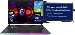 MSI Raider GE68 HX AI Gaming Laptop 16.0" 120Hz IPS 4K Display (Intel i9-14900HX, NVIDIA GeForce RTX 4090 16GB, 64GB DDR5, 2TB SSD, Per Key RGB KB, Thunderbolt 4, Win 11 Home) w/Duex Max DS Monitor