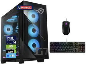 ASUS ROG G700 AI PC Desktop PC (Intel Ultra 9- 285K, NVIDIA GeForce RTX 5080 16GB GDDR7, 32GB DDR5, 2x 1TB SSD, RGB Fans, 240mm AIO, 850W PSU, WiFi 6, Bluetooth 5.2, RJ-45, 3 Display Port, Win 11 Pro)