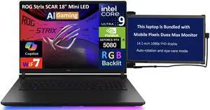 ASUS ROG Strix SCAR AI Gaming Laptop 18" 240Hz Mini LED WQXGA Display (Intel Ultra 9- 275HX, NVIDIA GeForce RTX 5080 16GB, 32GB DDR5, 2TB SSD, RGB KB, Win 11 Pro) w/Duex Max DS Monitor