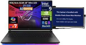 ASUS ROG Strix SCAR AI Gaming Laptop 18" 240Hz Mini LED WQXGA Display (Intel Ultra 9- 275HX, NVIDIA GeForce RTX 5090 24GB, 32GB DDR5, 2TB SSD, RGB KB, Win 11 Pro) w/Duex Max DS Monitor