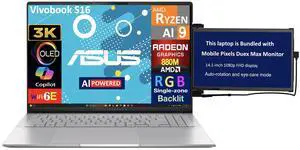 ASUS Vivobook S16 AI Powered Laptop 16.0" OLED 3.2K Display (AMD Ryzen AI 9 365, 32GB LPDDR5X, 1TB SSD, AMD Radeon 880M, RGB KB, WiFi 6E, Webcam, Bluetooth 5.4, Win 11 Home) w/Duex Max DS Monitor