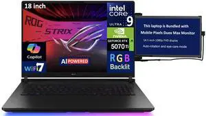 ASUS ROG Strix SCAR AI Gaming Laptop 18" 240Hz Mini LED WQXGA Display (Intel Ultra 9- 275HX, NVIDIA GeForce RTX 5070 Ti 12GB, 32GB DDR5, 1TB SSD, Per Key RGB KB, Win 11 Pro) w/Duex Max DS Monitor