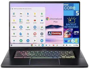 Acer Chromebook Plus AI Gaming Laptop 16.0" 120Hz IPS WQXGA Display (Intel Core 5 120U, Intel Graphics, 8GB LPDDR4X, 256GB SSD, Backlit KB, WiFi 6E, Webcam, Bluetooth 5.3, Chrome OS)