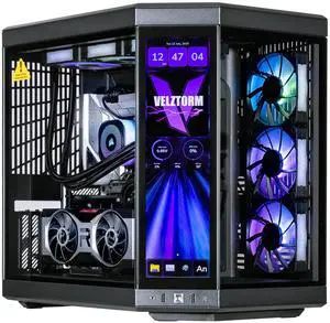 Velztorm LCD Black Praetix Custom Built Gaming Desktop PC (Intel i9-14900K, AMD Radeon RX 9060 XT, 32GB DDR5, 2TB PCIe SSD, RGB Fans, 360mm AIO, 1000W PSU, WiFi 6E, Bluetooth 5.2, RJ-45, Win 11 Pro)