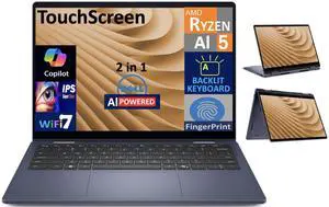 Dell 14 Plus AI Powered 2-in-1 Laptop 14.0" Touchscreen IPS WUXGA Display (AMD Ryzen AI 5 340, 16GB LPDDR5X, 512GB SSD, Backlit KB, Fingerprint, WiFi 7, Webcam, Bluetooth 5.4, Win 11 Home)