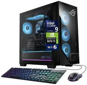 ASUS ROG AI Gaming Desktop PC (Intel Ultra 9- 285K, NVIDIA GeForce RTX 5070 Ti 16GB GDDR7, 32GB DDR5, 2TB SSD, RGB Fans, 240mm AIO, 850W PSU, WiFi 6, Bluetooth 5.4, RJ-45, 3 Display Port, Win 11 Home)