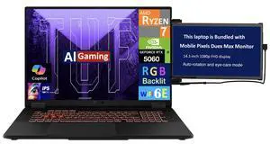 ASUS TUF AI Gaming Laptop 18" 144Hz IPS WUXGA Display (AMD Ryzen 7 260, NVIDIA GeForce RTX 5060 8GB, 16GB DDR5, 1TB SSD, RGB KB, WiFi 6E, Webcam, Bluetooth 5.4, Win 11 Home) w/Duex Max DS Monitor