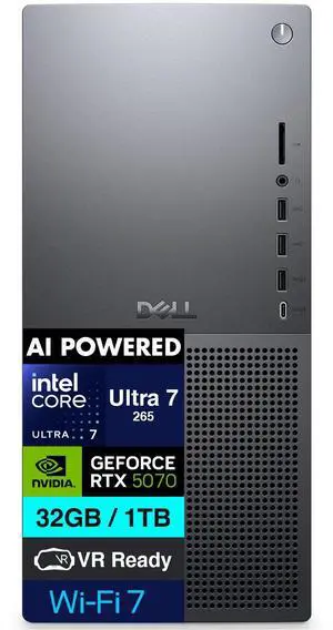 Dell Tower Plus EBT2250 AI Powered Desktop (Intel Ultra 7-265, 32GB DDR5, 256GB PCIe SSD + 1TB HDD, GeForce RTX 5070, 750W PSU, WiFi 7, Bluetooth 5.4, RJ-45, 3 Display Port, 2 HDMI, Win 11 Home)