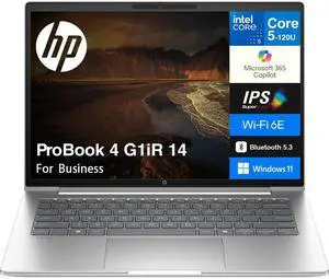 HP ProBook 4 G1iR 14 Business Laptop 14.0" IPS WUXGA Display (Intel Core 5 120U, 16GB DDR5, 512GB SSD, Intel Graphics, WiFi 6E, Webcam, Bluetooth 5.3, Win 11 Pro)