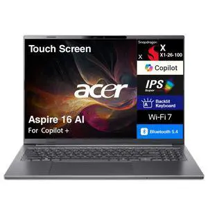 Acer Aspire 16 AI Copilot + Laptop 16.0" Touchscreen IPS WUXGA Display (Qualcomm Snapdragon X X1-26-100, 16GB LPDDR5X, 1TB SSD, Qualcomm Adreno, Backlit KB, WiFi 7, Webcam, Bluetooth 5.4, Win 11 Home)