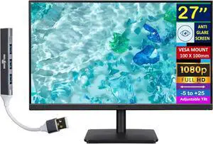 Acer 27" FHD IPS Monitor with 4ms Response Time, Anti Glare, VESA Mount (100mm), HDMI, VGA & Dockztorm USB Port Expander, Black Color