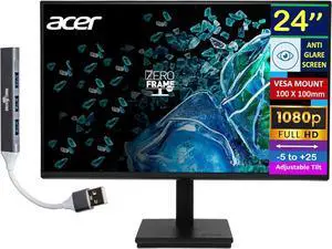 Acer 24" FHD IPS Monitor with 4ms Response Time, Anti-Glare, 250 nits Brightness, VESA Mount (100 x 100mm), VGA, HDMI & Dockztorm USB Port Expander, Black Color