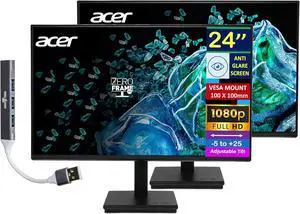 Acer 24" FHD IPS Monitor with 4ms Response Time, Anti-Glare, 250 nits Brightness, VESA Mount (100 x 100mm), VGA, HDMI & Dockztorm USB Port Expander, Black Color 2 Pack